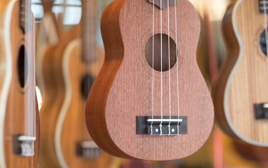 Hanging ukuleles in a music store