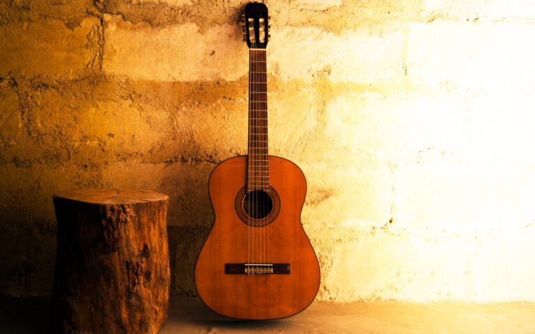 Acoustic guitar anatomy_acoustic guitar leaning against a wall