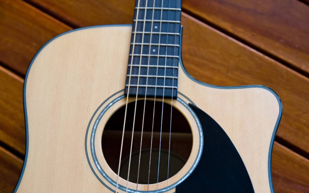 Acoustic guitar on wooden floor