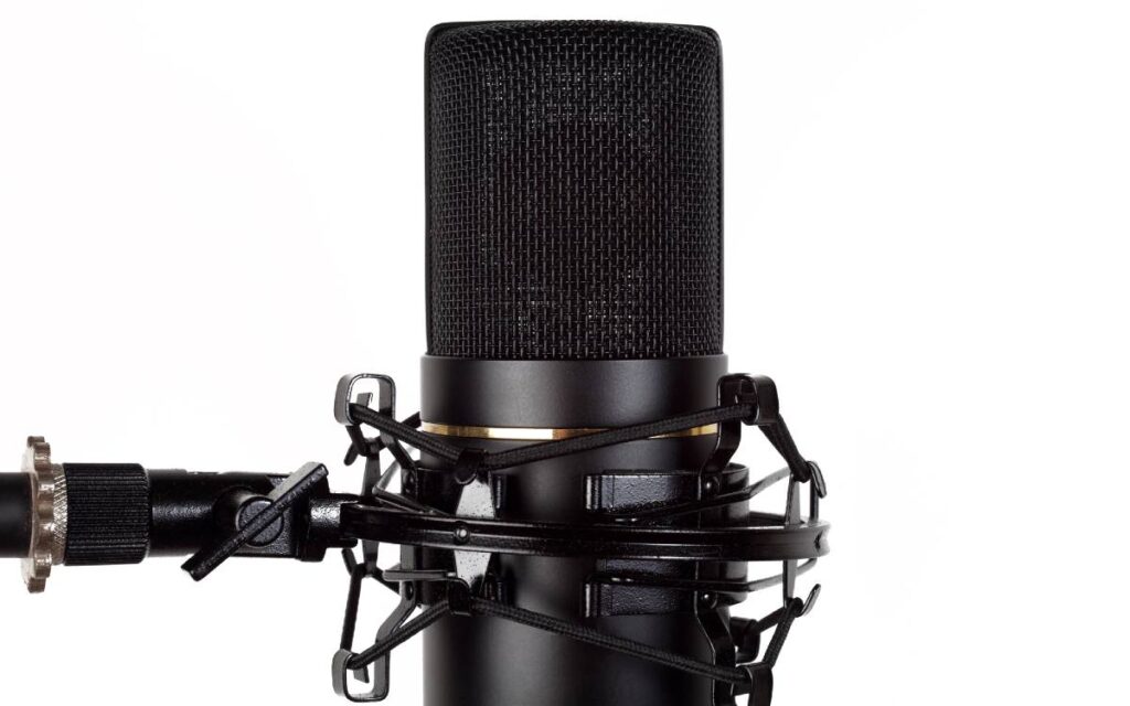 Black condenser microphone on white background