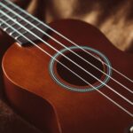 Close up of a brown ukulele