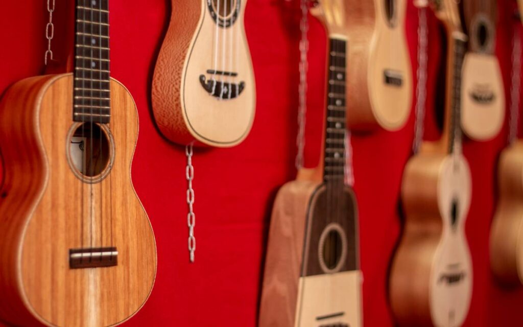 Different ukuleles hanging on wall