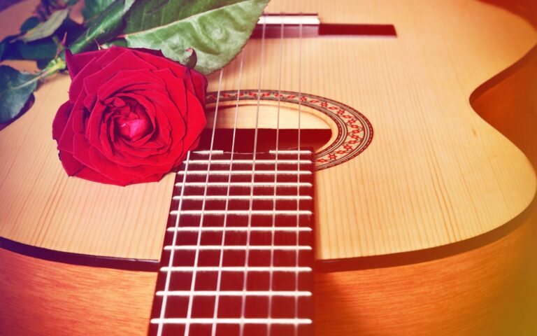 Acoustic guitar love songs_red rose on acoustic guitar