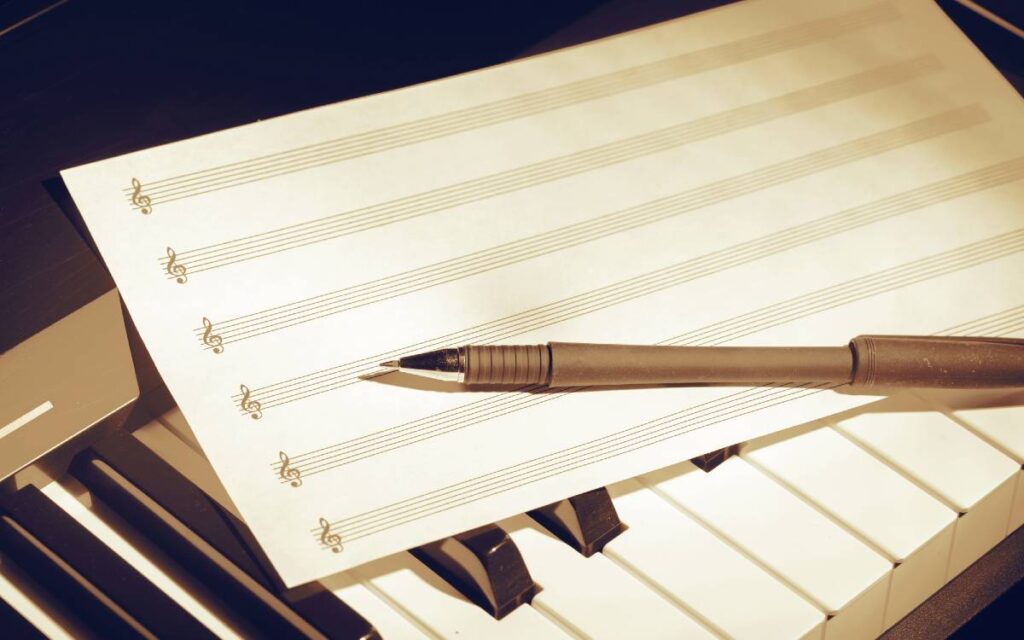 Blank sheet music and pen on piano keys