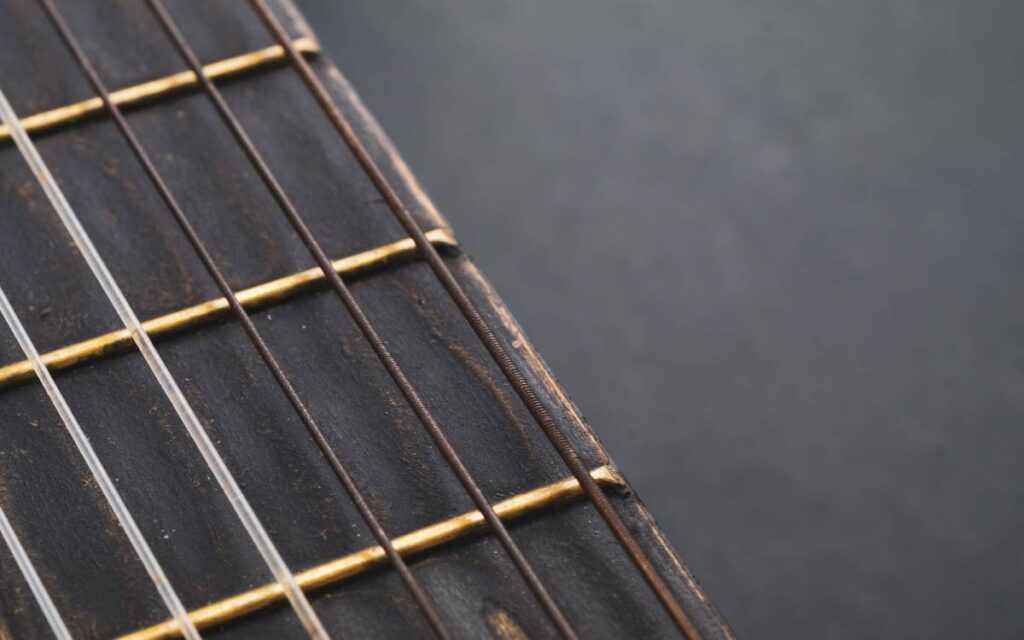 Close up view of old acoustic guitar strings