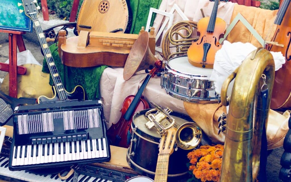 Pile of different musical instruments