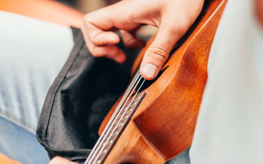 Close-up of man's hand strumming the ukulele