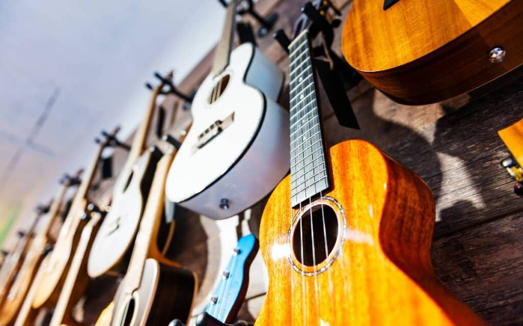 Ukuleles hanging in a store