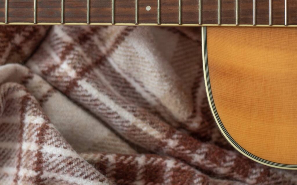 Cropped image of a guitar neck with frets