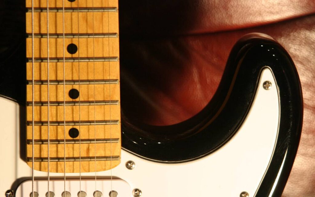 Close-up of electric guitar cutaway