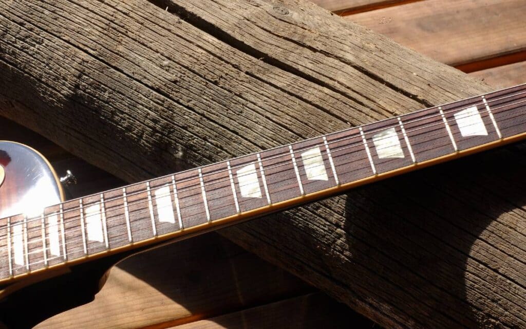 Electric guitar neck on a log
