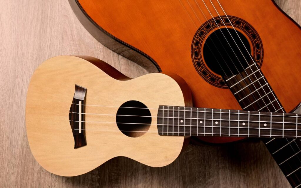 Ukulele and guitar lying on the floor