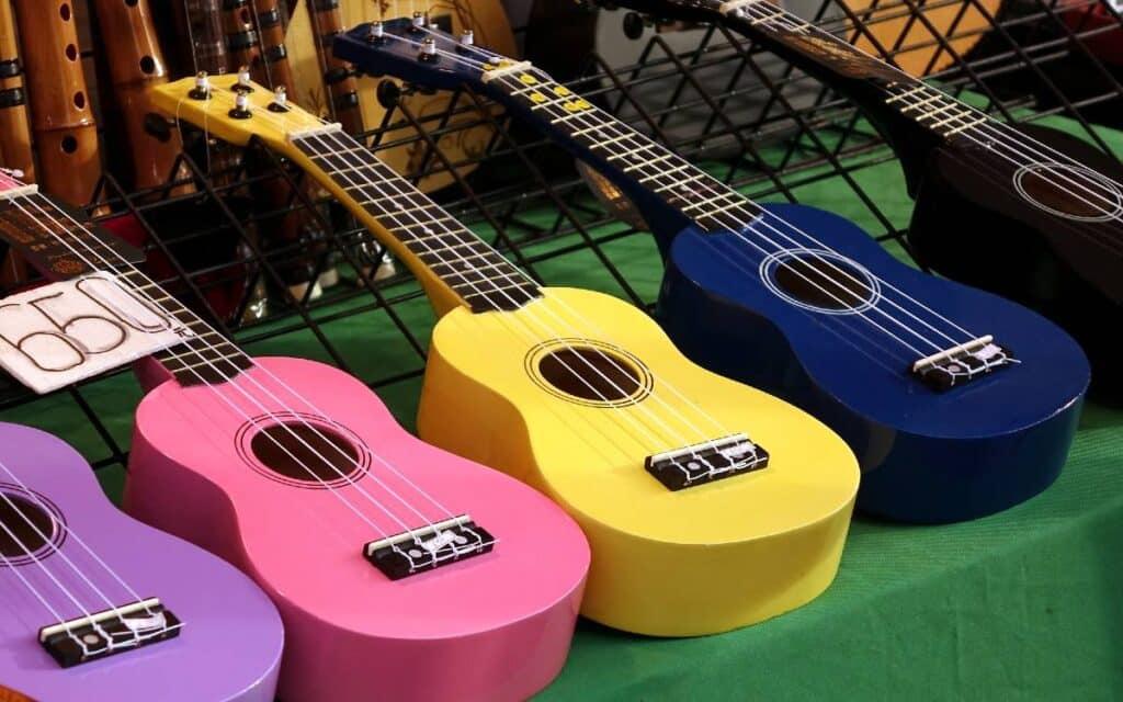 Rows of good cheap ukuleles for sale